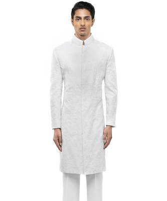 White embroidered silk sherwani set 1