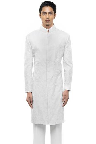 White embroidered silk sherwani set