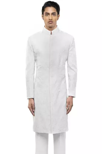White embroidered silk sherwani set