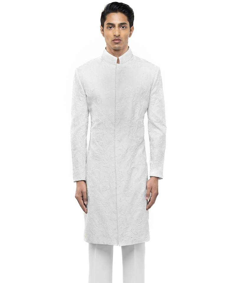 White embroidered silk sherwani set