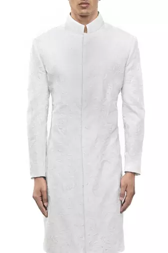 White embroidered silk sherwani set