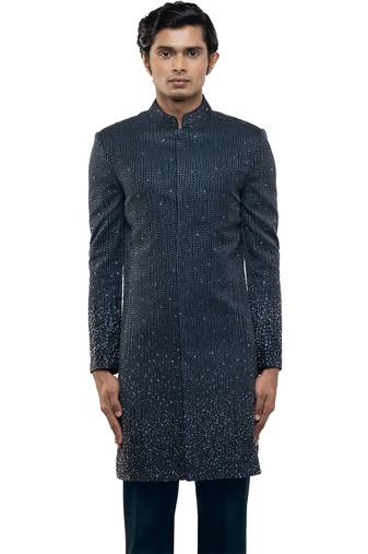 Blue embroidered silk sherwani set