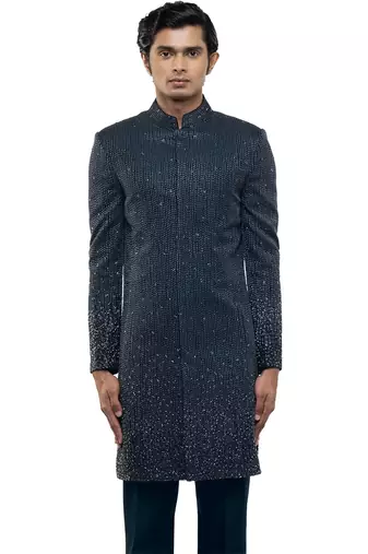Blue embroidered silk sherwani set