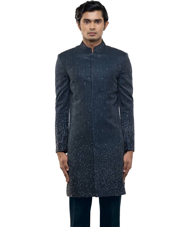 Blue embroidered silk sherwani set