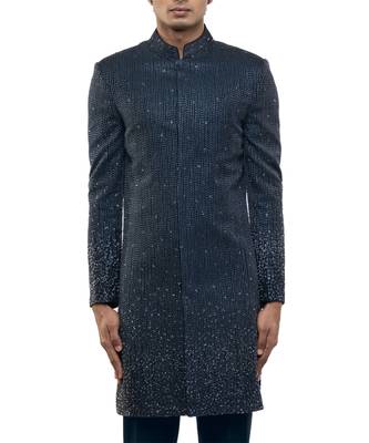 Blue embroidered silk sherwani set 2