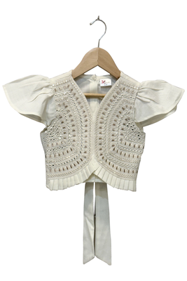 woven half sleeves embellished top with palazzo-white & limegreen 2