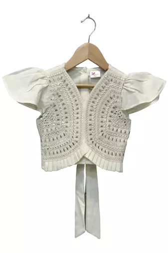 woven half sleeves embellished top with palazzo-white & limegreen
