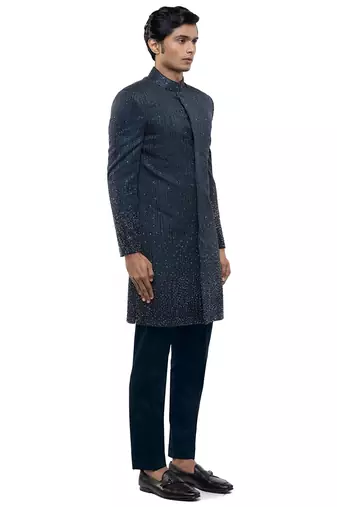 Blue embroidered silk sherwani set