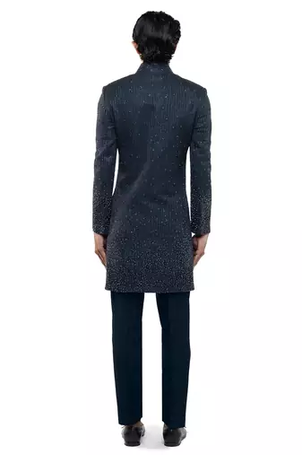 Blue embroidered silk sherwani set