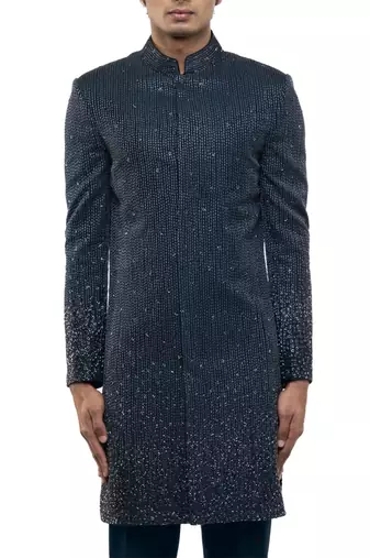 Blue embroidered silk sherwani set