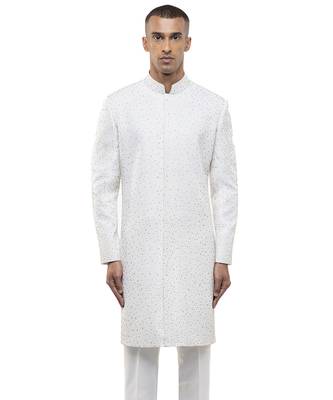 White embroidered silk sherwani set 1