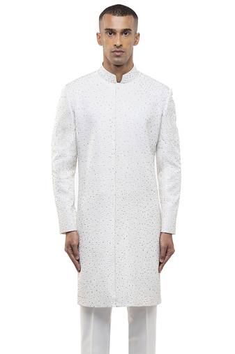White embroidered silk sherwani set