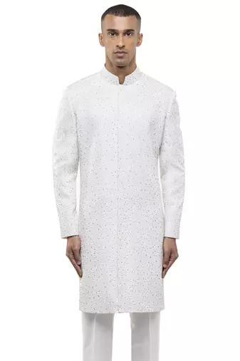 White embroidered silk sherwani set