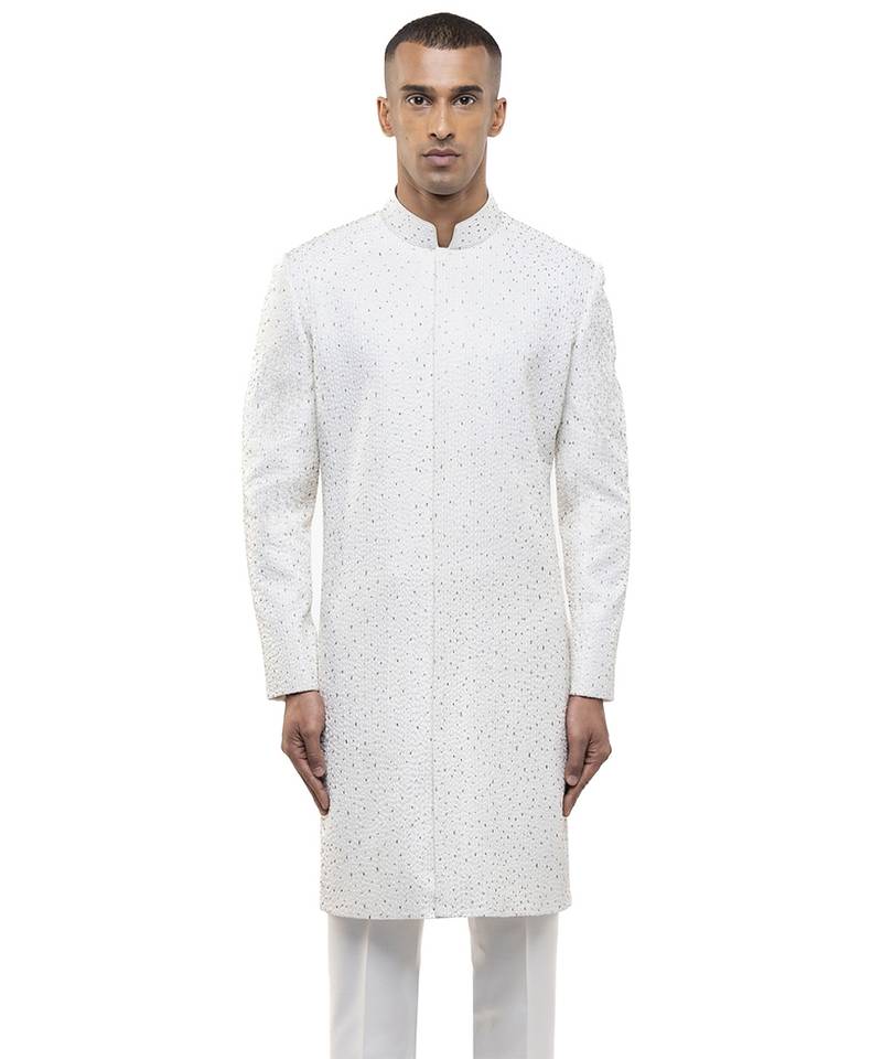 White embroidered silk sherwani set