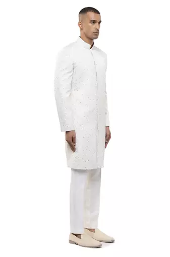 White embroidered silk sherwani set