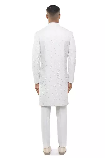 White embroidered silk sherwani set