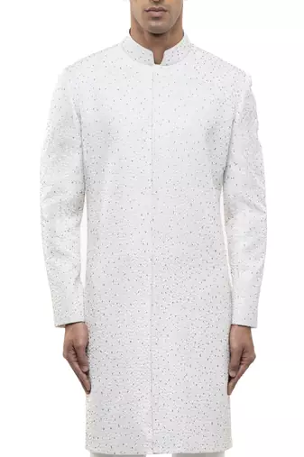 White embroidered silk sherwani set