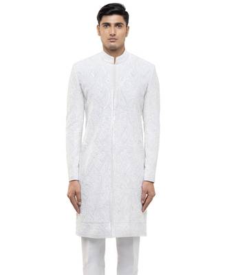 White embroidered silk sherwani set 1
