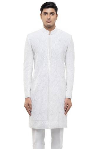 White embroidered silk sherwani set