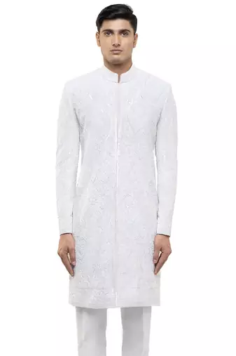 White embroidered silk sherwani set