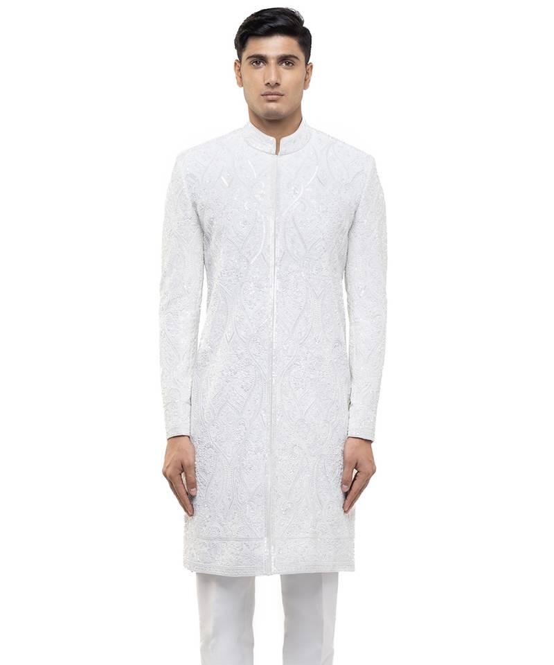 White embroidered silk sherwani set