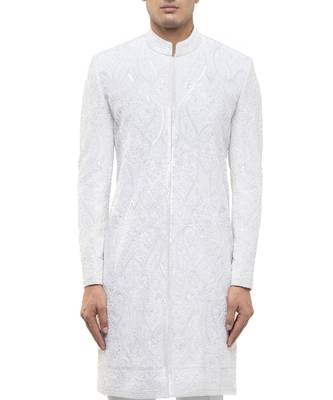 White embroidered silk sherwani set 2