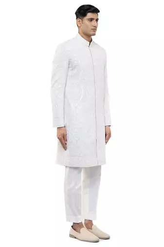 White embroidered silk sherwani set