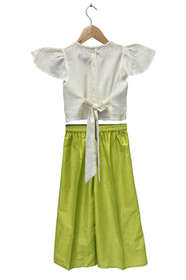 woven half sleeves embellished top with palazzo-white & limegreen 3