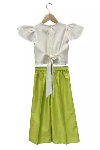 woven half sleeves embellished top with palazzo-white & limegreen