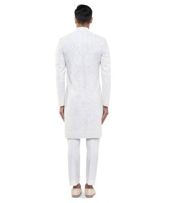 White embroidered silk sherwani set 4