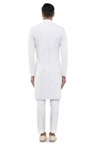 White embroidered silk sherwani set