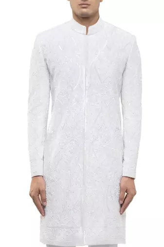 White embroidered silk sherwani set