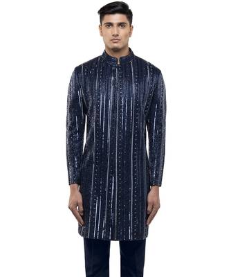 Blue embroidered silk sherwani set 1