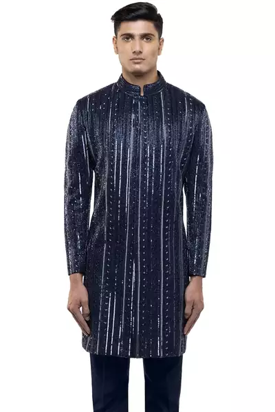 Blue embroidered silk sherwani set