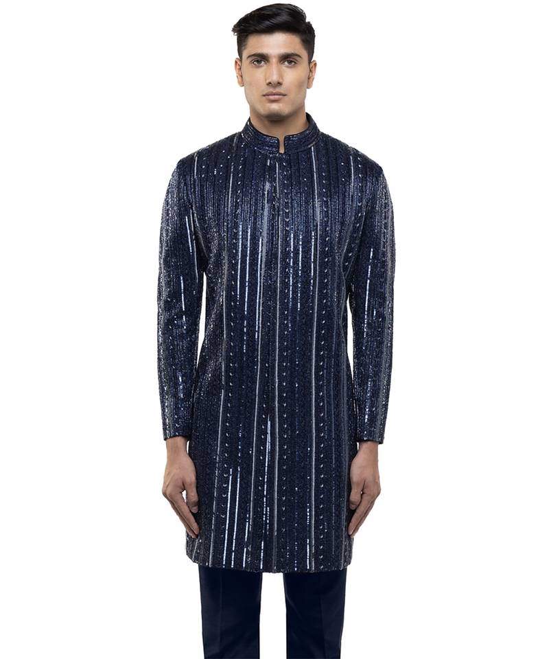 Blue embroidered silk sherwani set