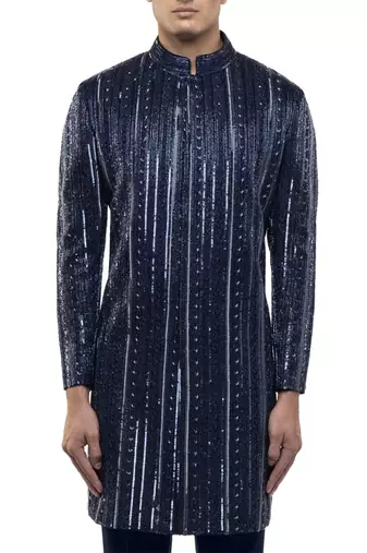 Blue embroidered silk sherwani set
