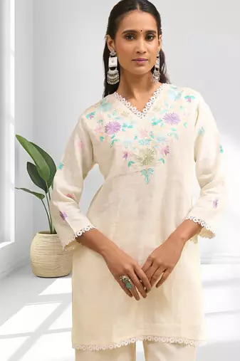 Cream short kurta with pant v-neck for women's wear