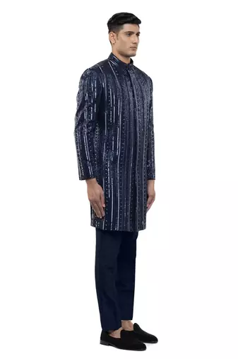 Blue embroidered silk sherwani set