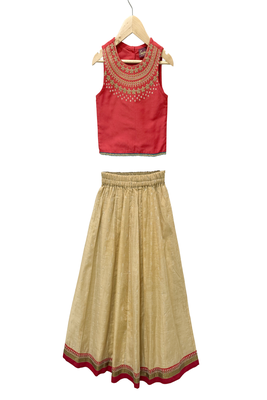 woven sleeveless embroidered top with lehenga-red & biege 1