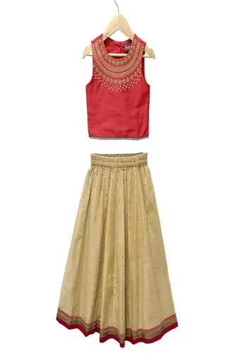 woven sleeveless embroidered top with lehenga-red & biege