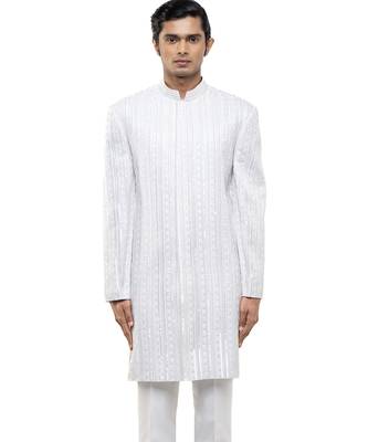 White embroidered silk sherwani set 1