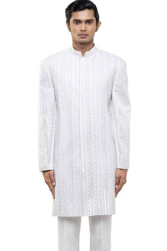 White embroidered silk sherwani set