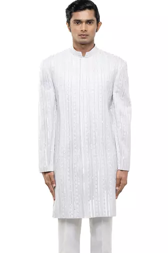 White embroidered silk sherwani set