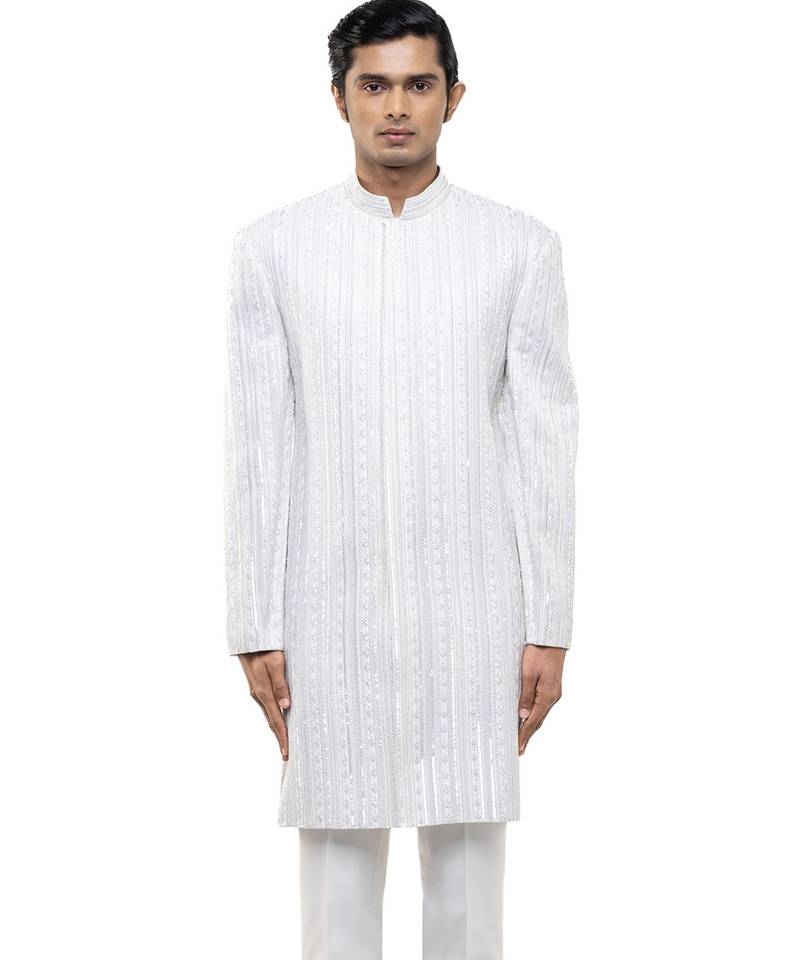 White embroidered silk sherwani set