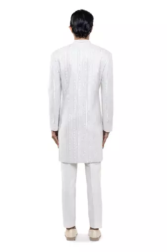 White embroidered silk sherwani set