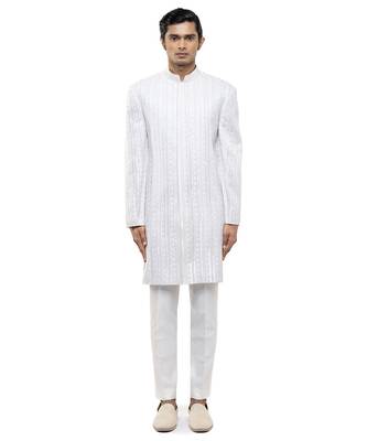 White embroidered silk sherwani set 3