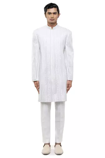 White embroidered silk sherwani set