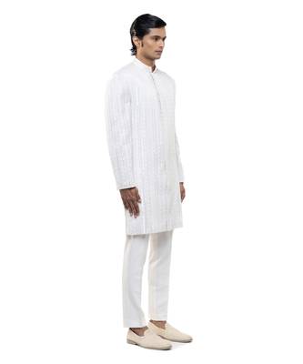 White embroidered silk sherwani set 4