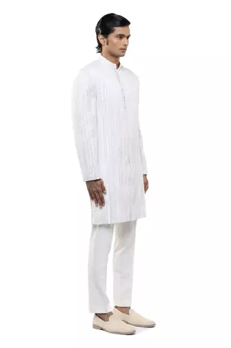 White embroidered silk sherwani set
