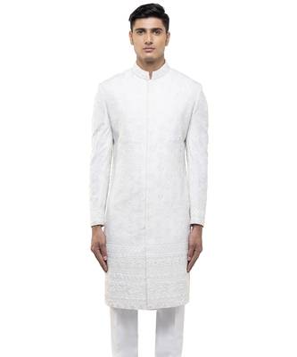 White embroidered silk sherwani set 1